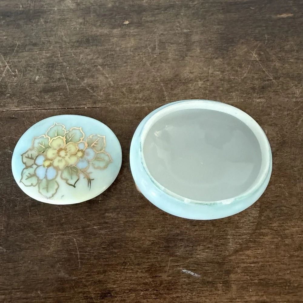 VTG‎ English Blue Porcelain Vanity Jewelry Trinket Dish Hand Painted Gold Floral